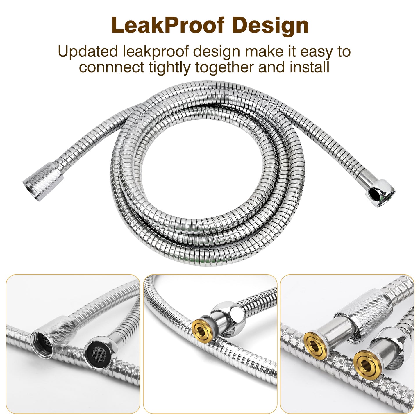 YEAUPE 1.5M(59") Universal Shower Pipe Anti-Kink Standard G1/2 All Copper Connectors, Chrome, Premium Replacement Stainless Steel Hose